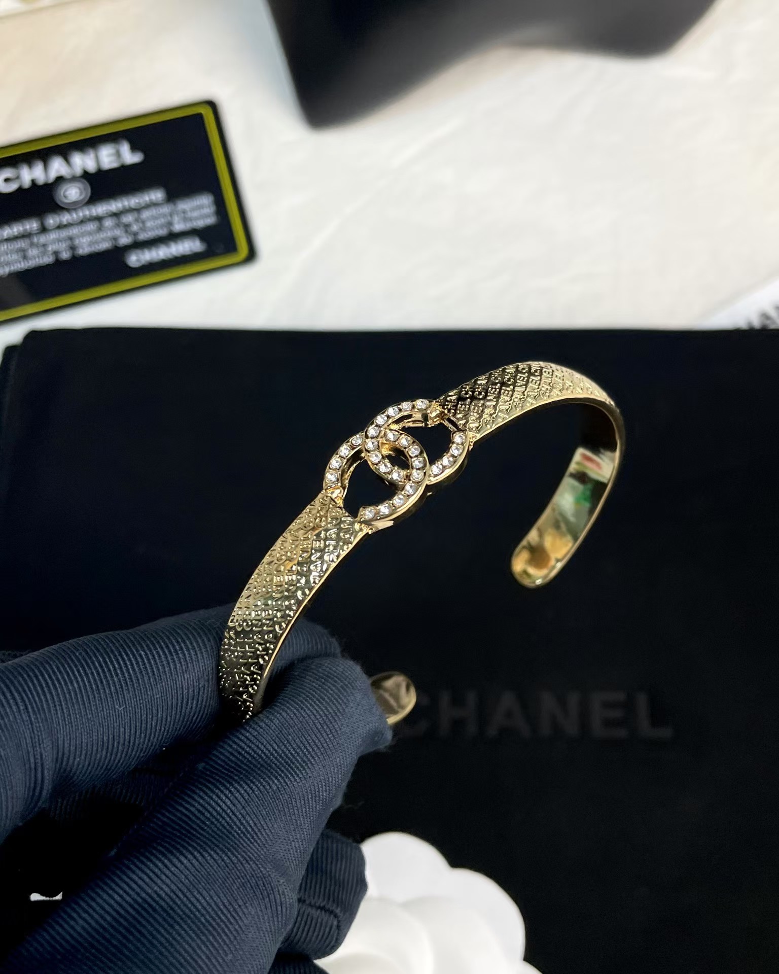 replica Chanel Hollow Diamond Paved Double C Open Bangle Bracelet - H Lin Jewelry