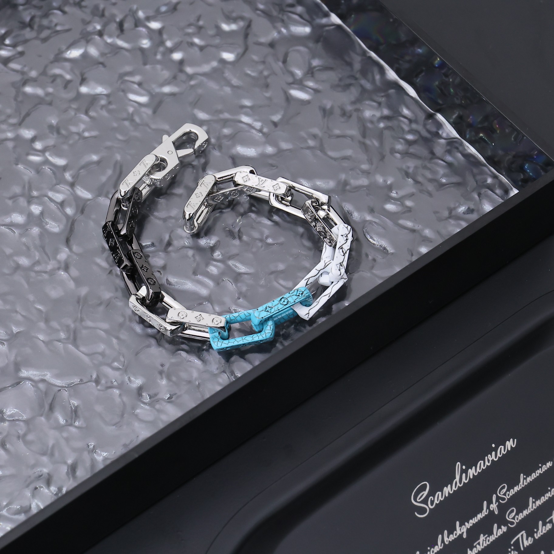 replica Louis Vuitton Silver Blue Black Colors Monogram Mens Bracelet - H Lin Jewelry