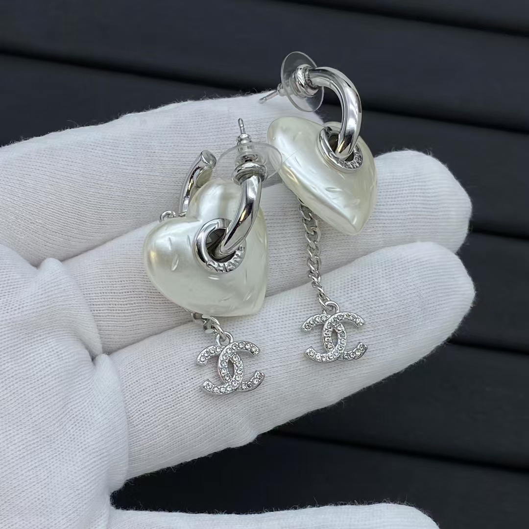 replica Chanel Hoop with Heart Chain Double C Drop Earrings - H Lin Jewelry