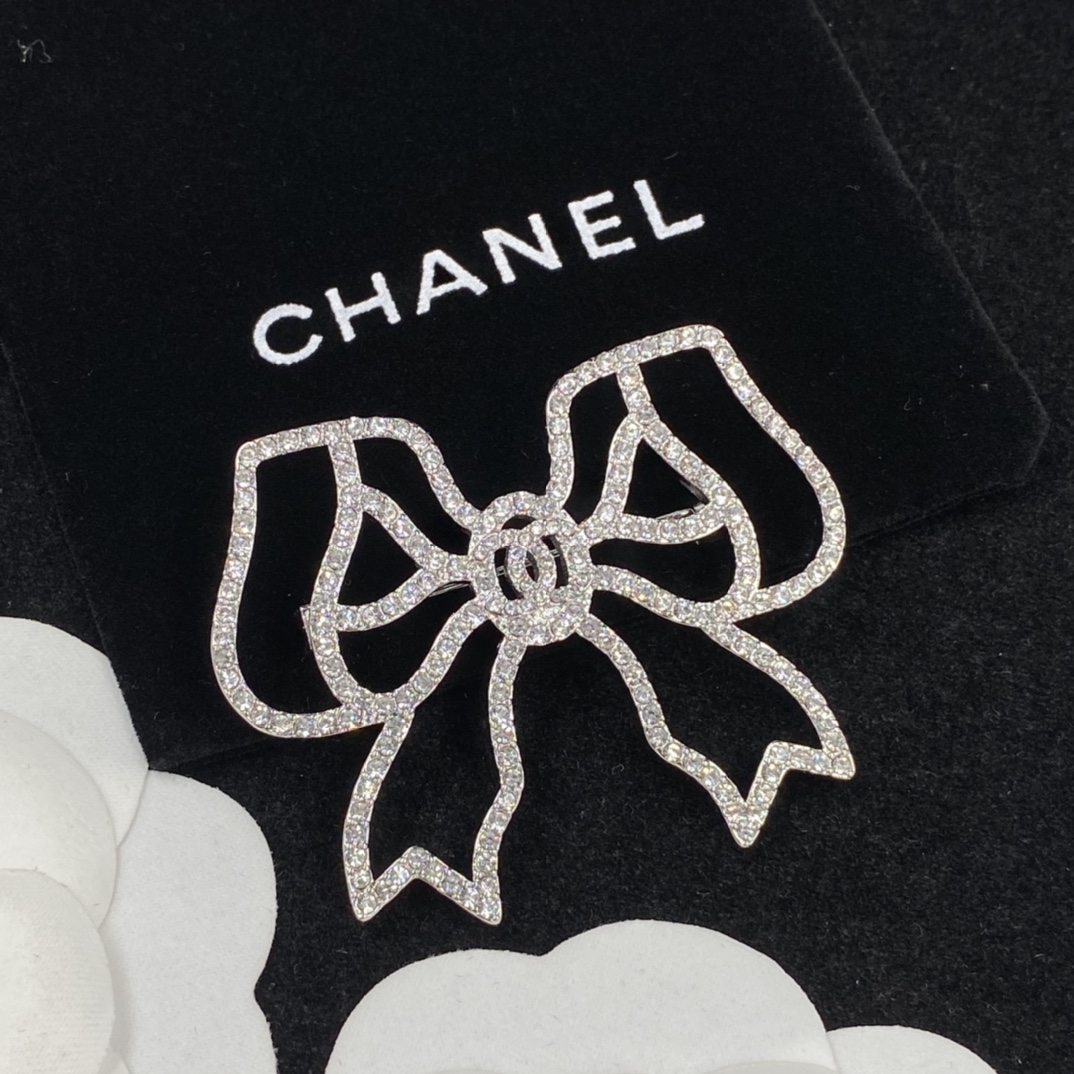 replica Chanel Full Diamond Paved Hollow Bow Silver Brooch - H Lin Jewelry