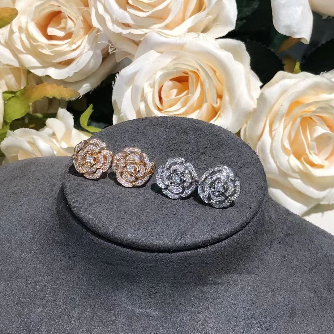 replica Chanel Diamond Camellia Stud Earrings - H Lin Jewelry