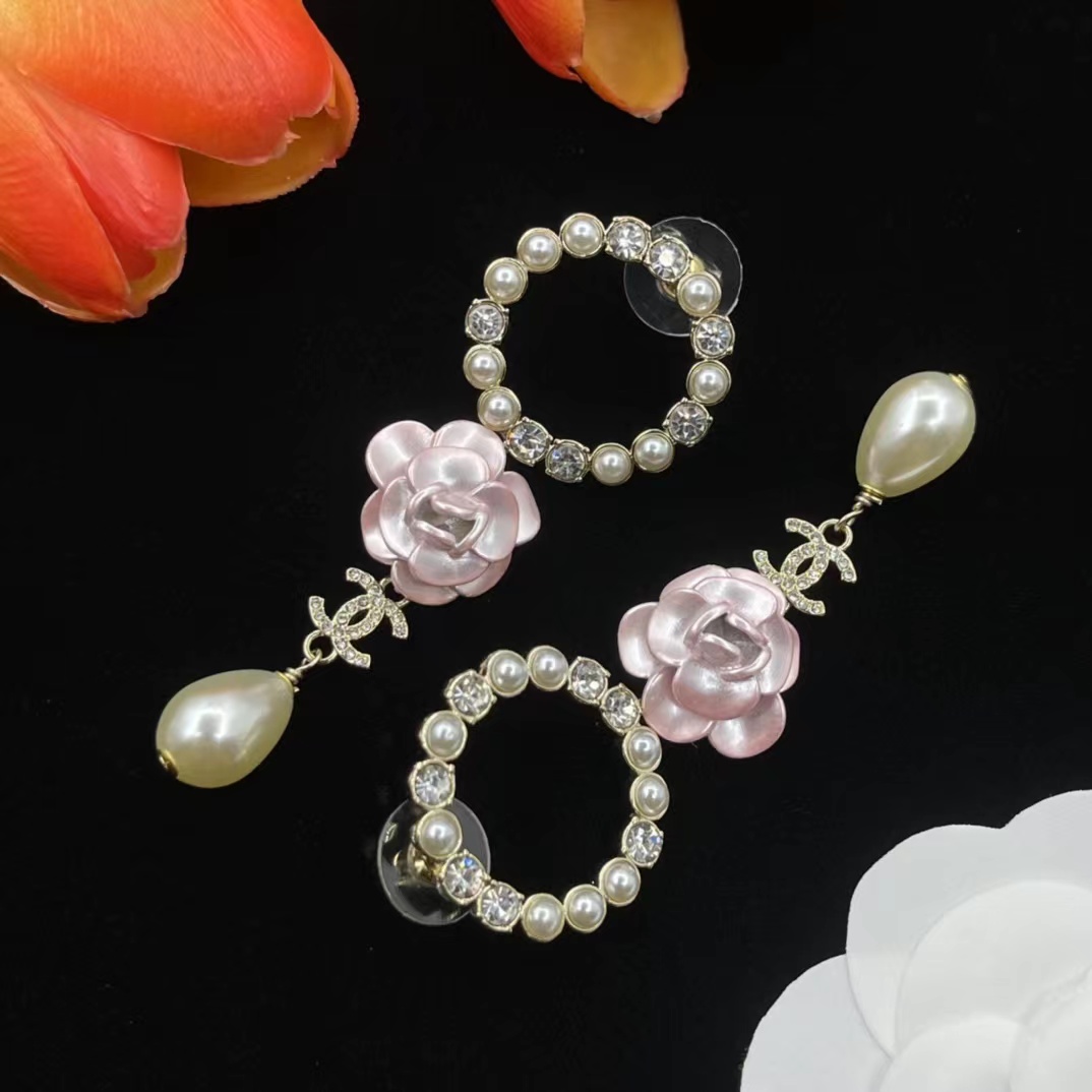 replica Chanel Pink Camellia Pearl Dangle Earrings - H Lin Jewelry