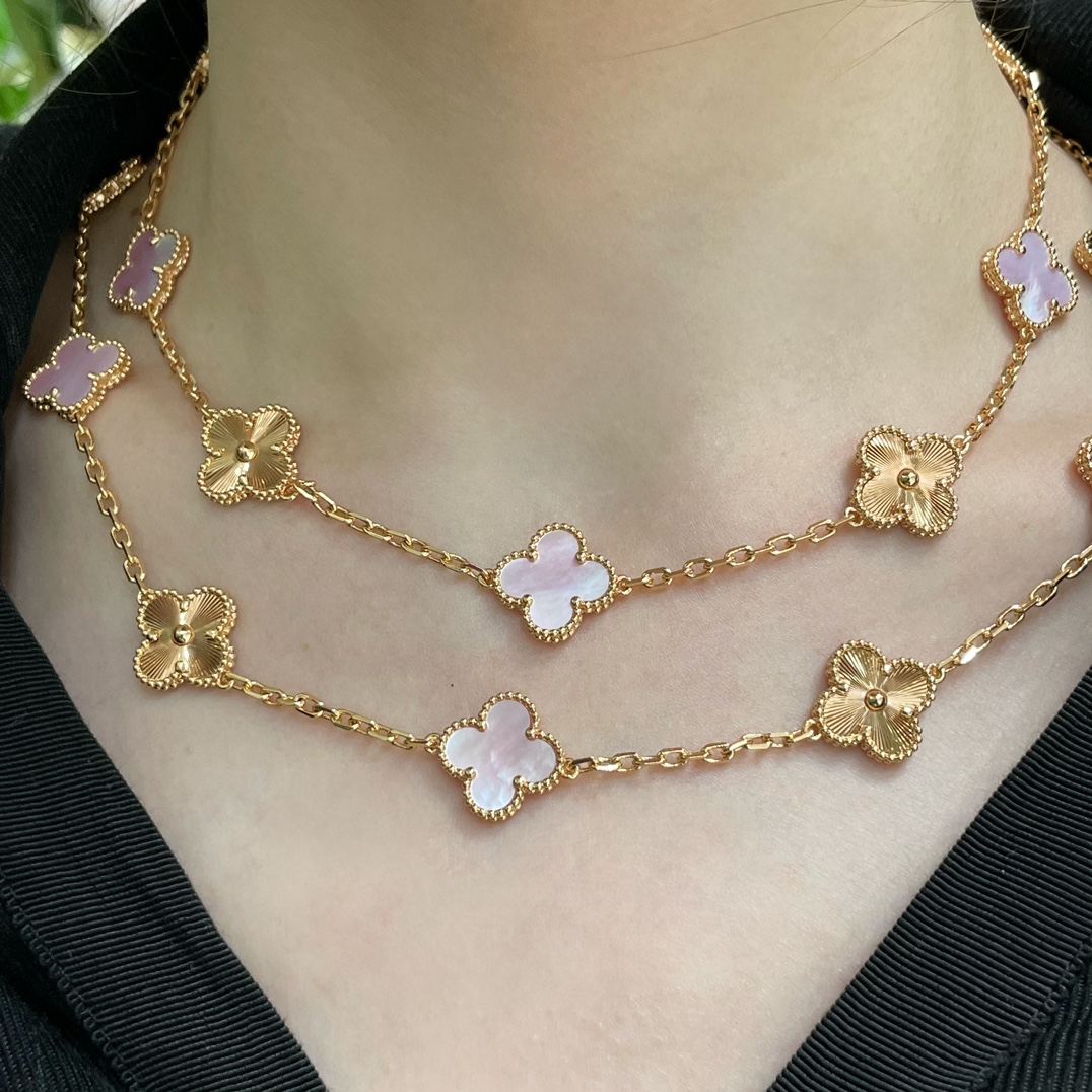 replica Van Cleef & Arpels Gold Mixed Pink Clover Vintage Alhambra Long Necklace, 20 Motifs - H Lin Jewelry