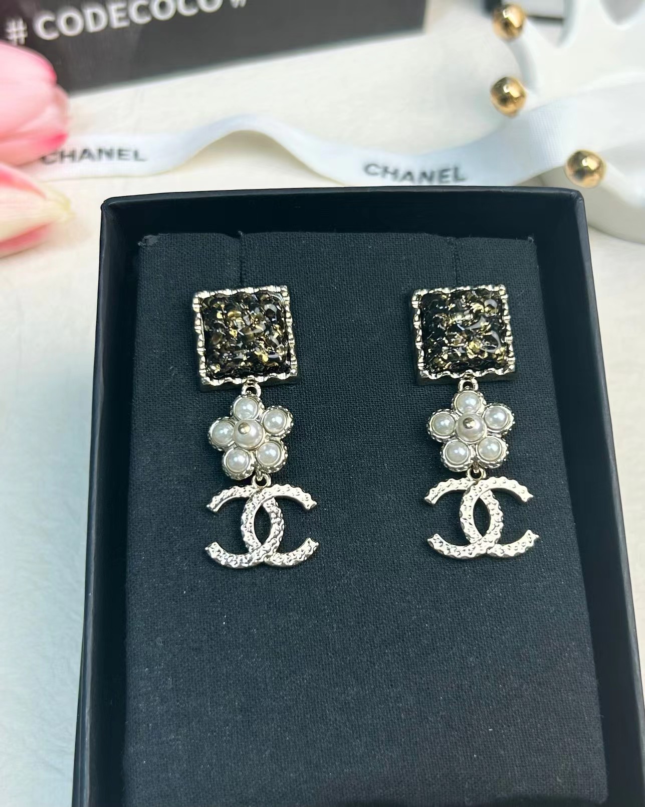 replica Chanel Pearl Flower Double C Dangle Earrings - H Lin Jewelry