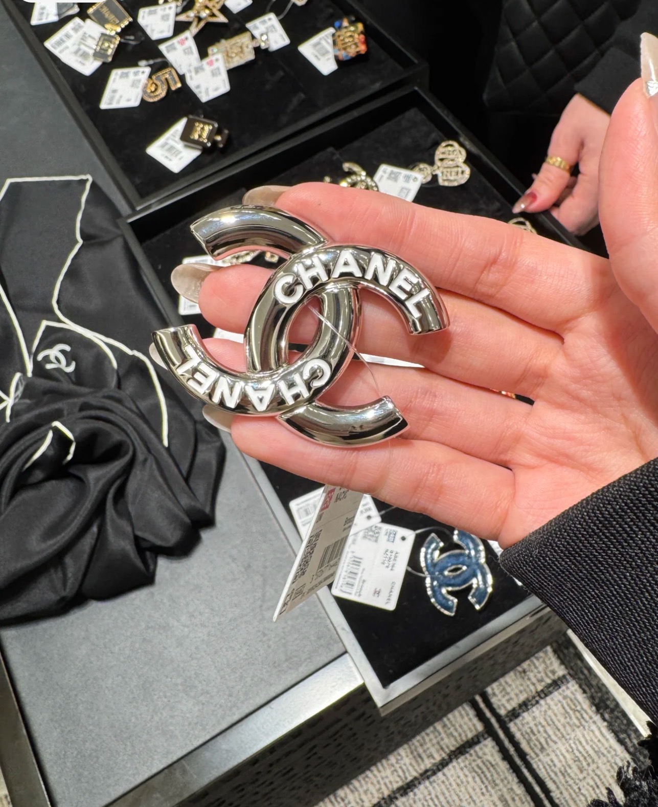 replica Chanel Letter White Enamel CC Silver Brooch - H Lin Jewelry