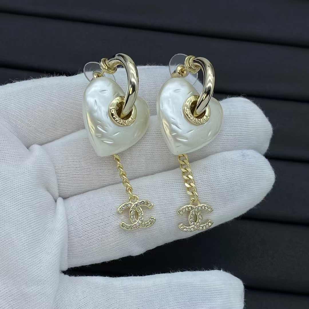 replica Chanel Hoop with Heart Chain Double C Drop Earrings - H Lin Jewelry