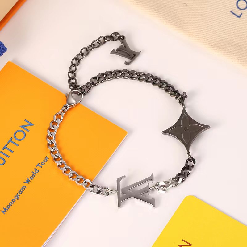 replica Louis Vuitton Silver Black Gold Mixed Metal Color Unisex Bracelet - H Lin Jewelry