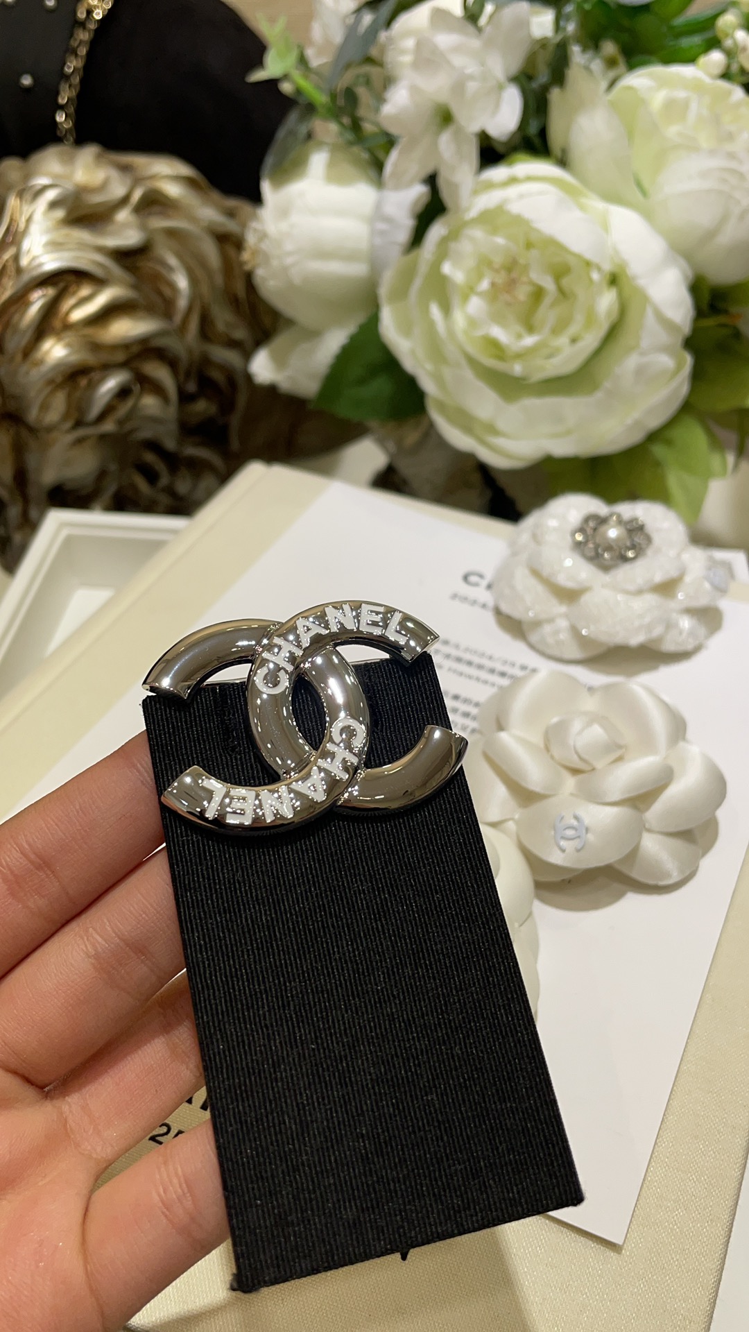 replica Chanel Letter White Enamel CC Silver Brooch - H Lin Jewelry