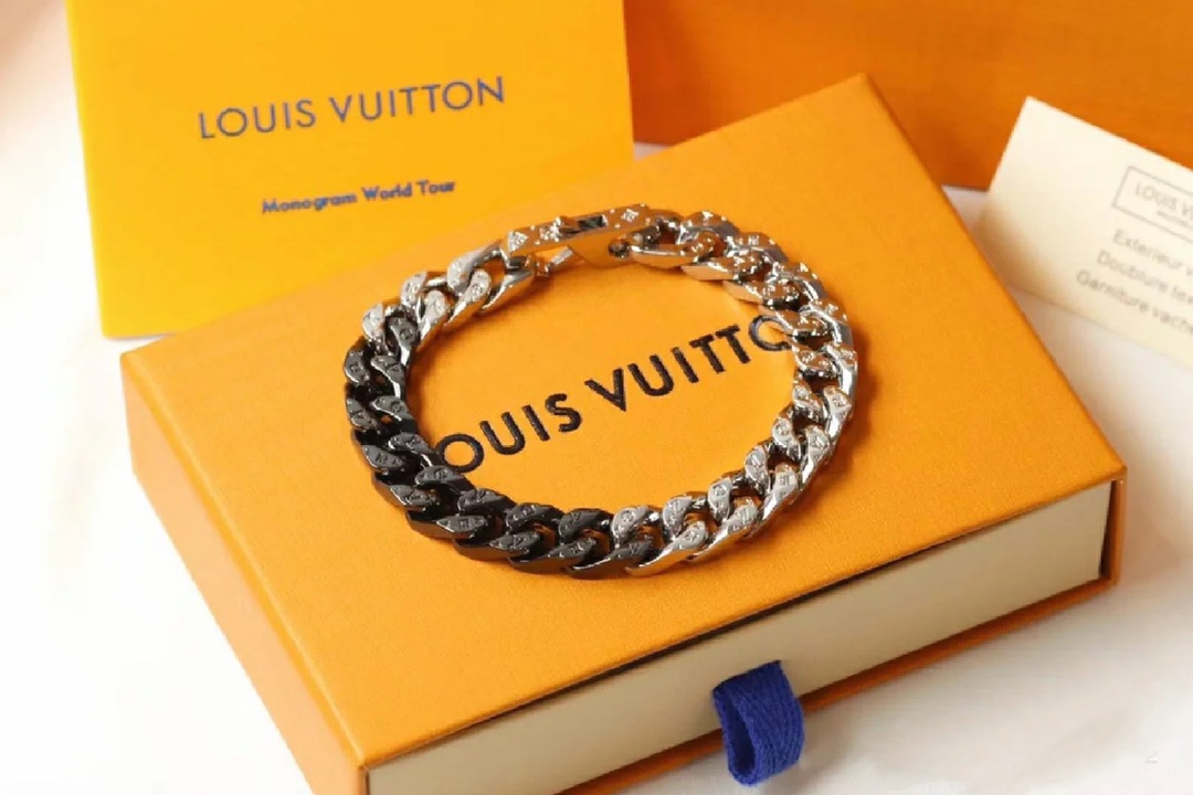 replica Louis Vuitton Silver Black Cuban Monogram Mens Bracelet - H Lin Jewelry
