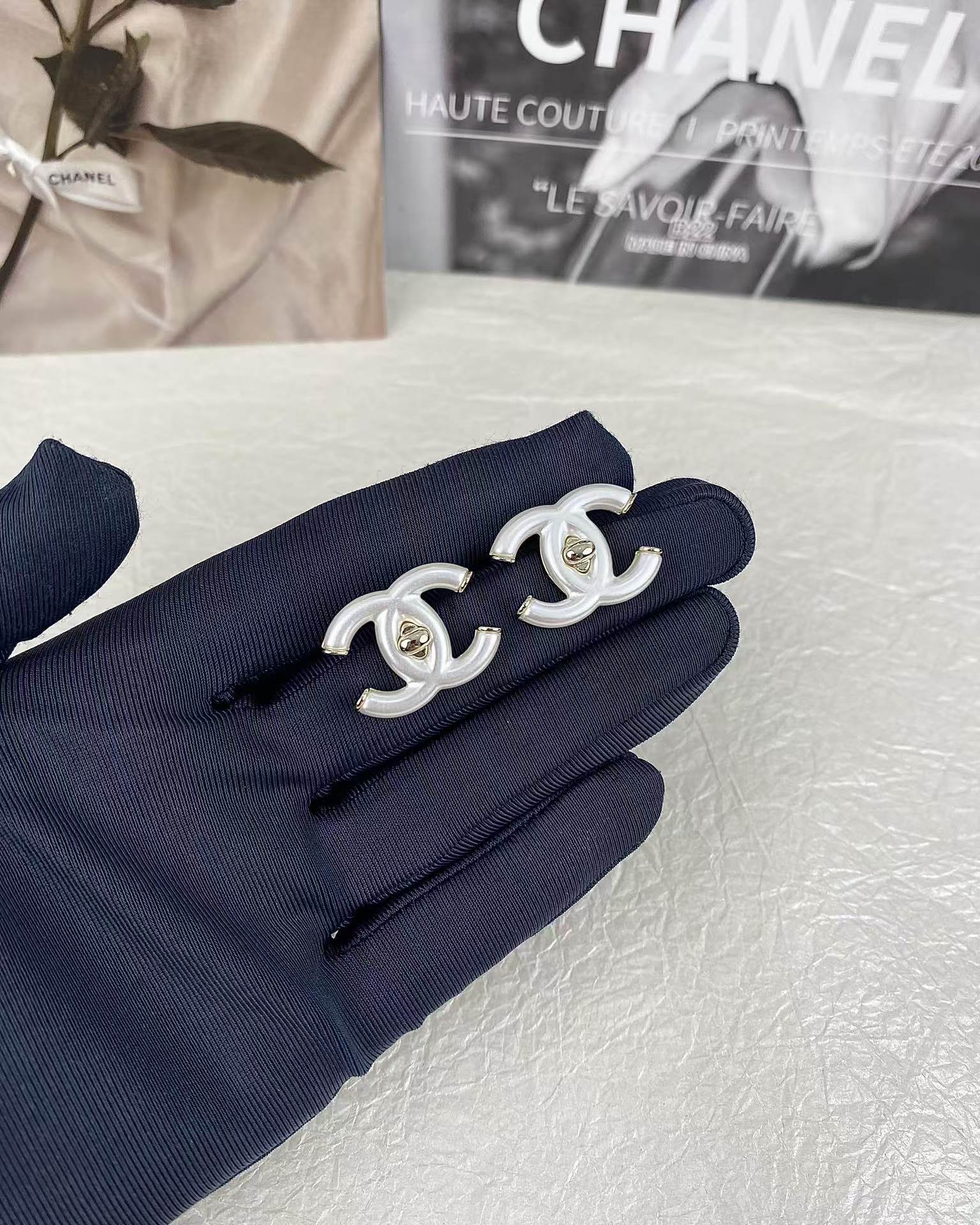 replica Chanel White Double C Stud Earrings - H Lin Jewelry