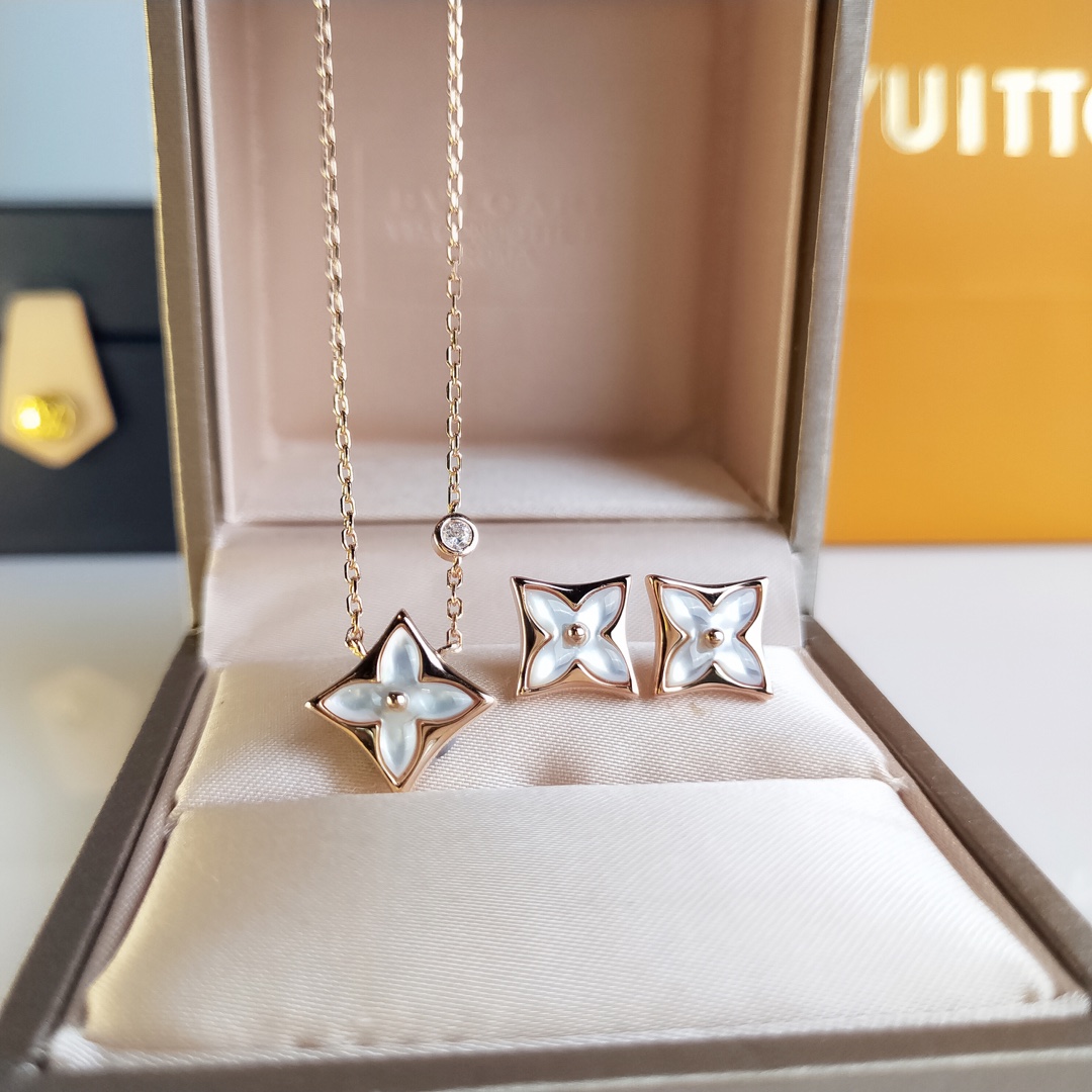 replica Louis Vuitton Rose Gold White Mother of Pearl Blossom Earrings Necklace - H Lin Jewelry