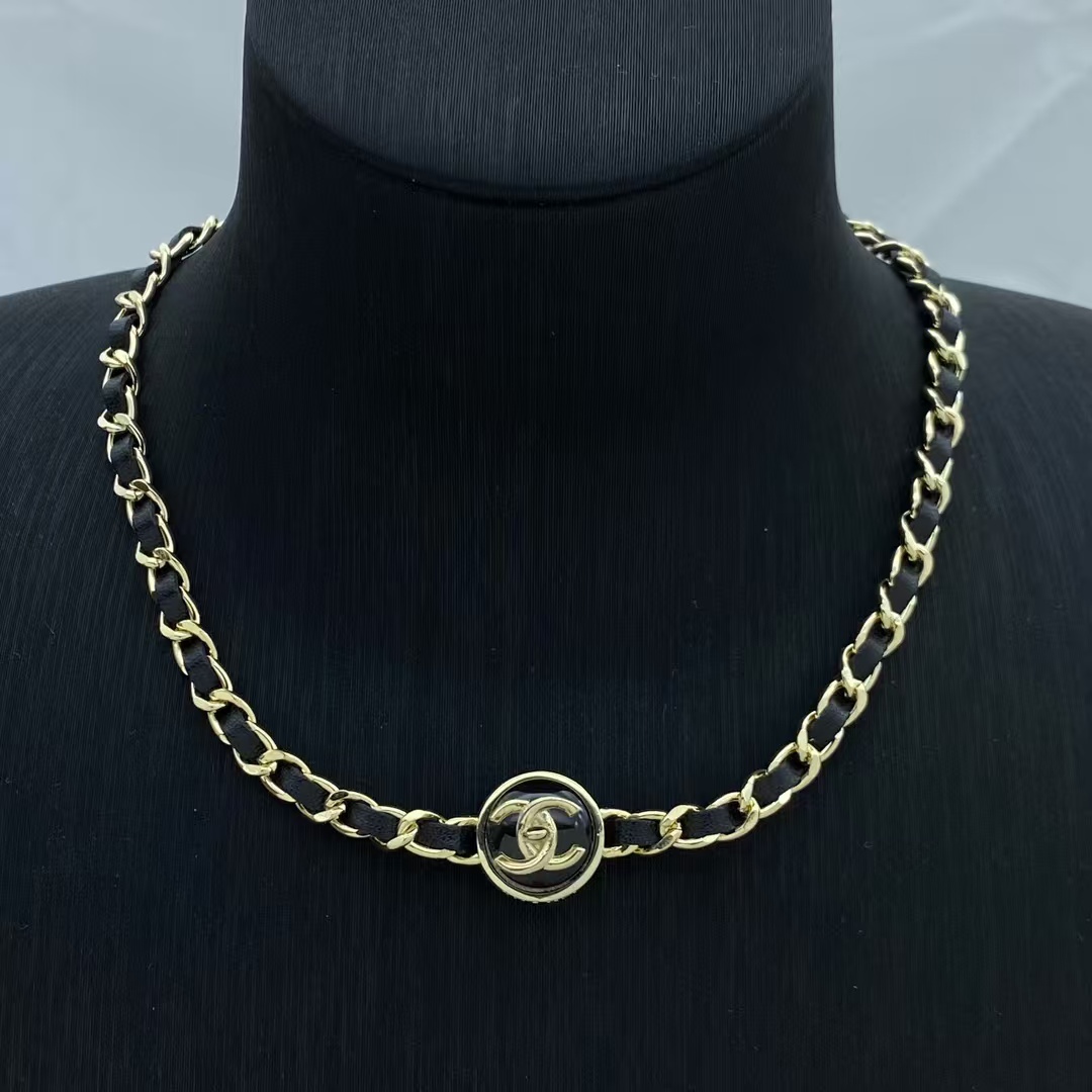 replica Chanel Leather Woven Gold Chain Choker Necklace - H Lin Jewelry