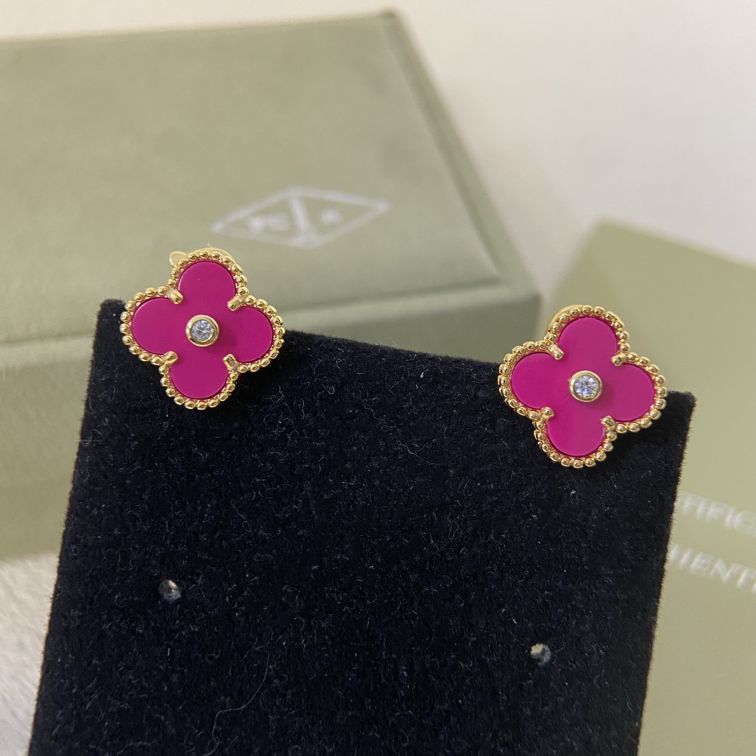 replica Van Cleef & Arpels Rose Red Diamond Alhambra Earrings - H Lin Jewelry