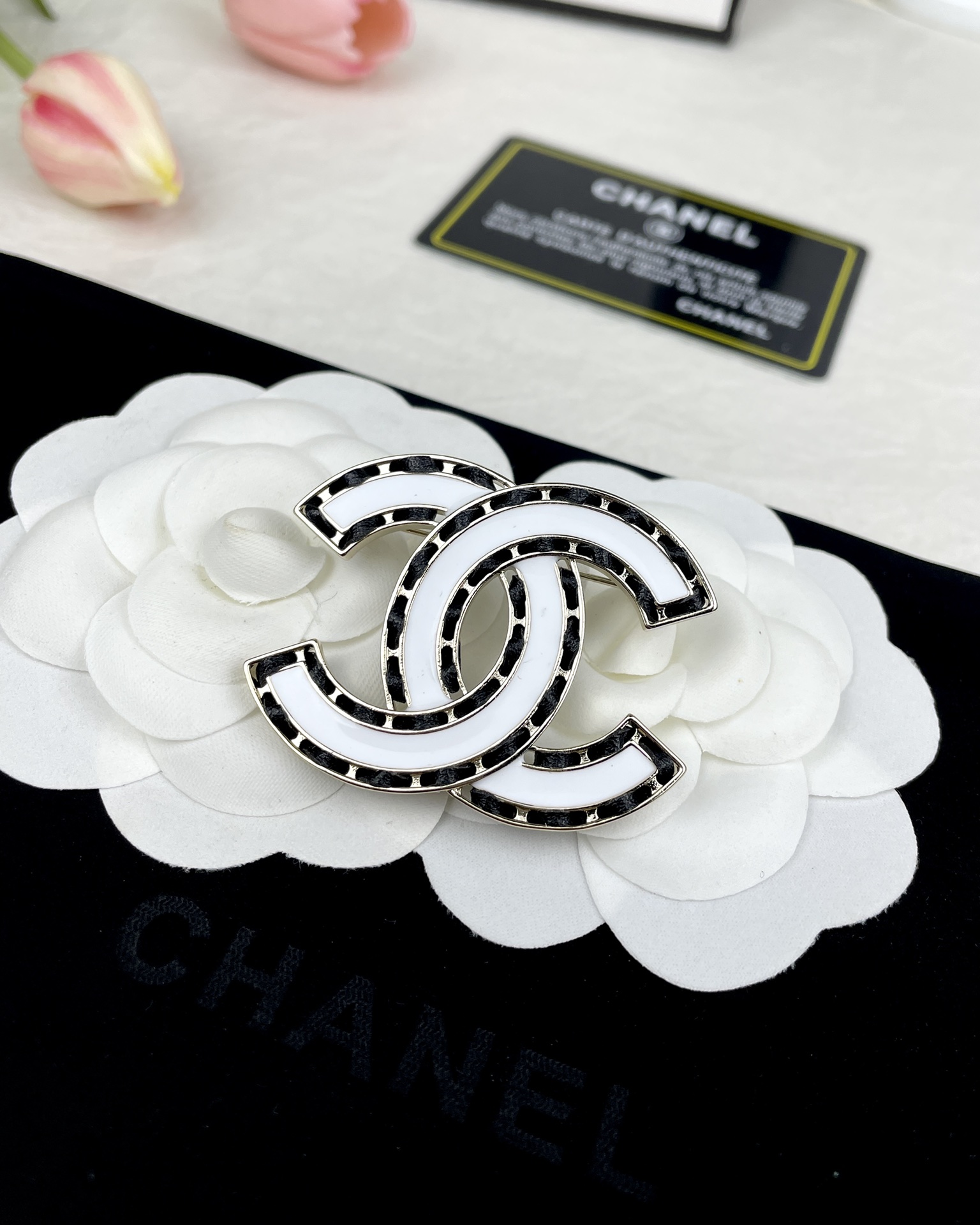replica Chanel White Enamel Leather Woven CC Brooch - H Lin Jewelry