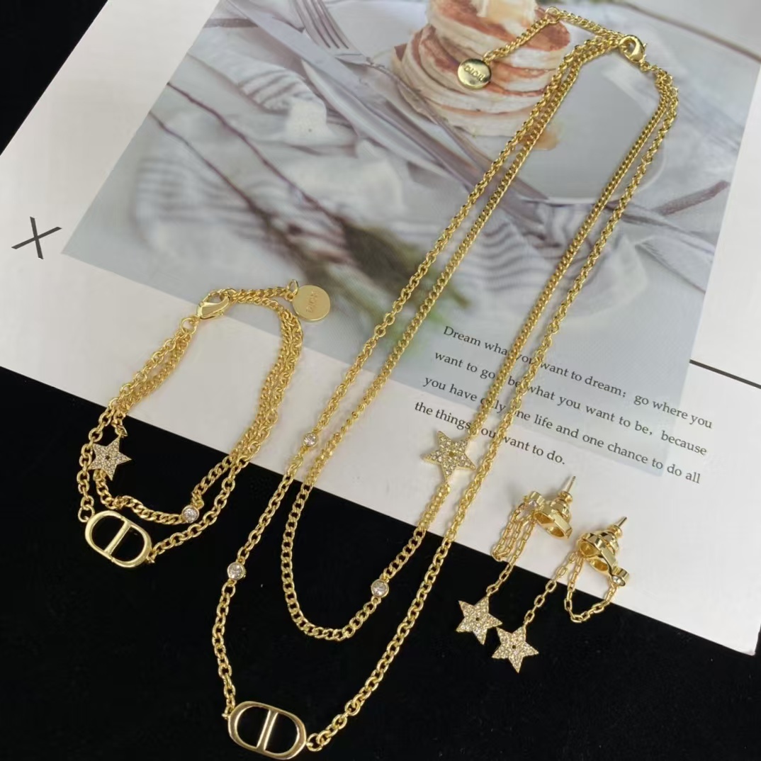 replica Dior Two Layers Star CD Necklace Bracelet Earrings - H Lin Jewelry