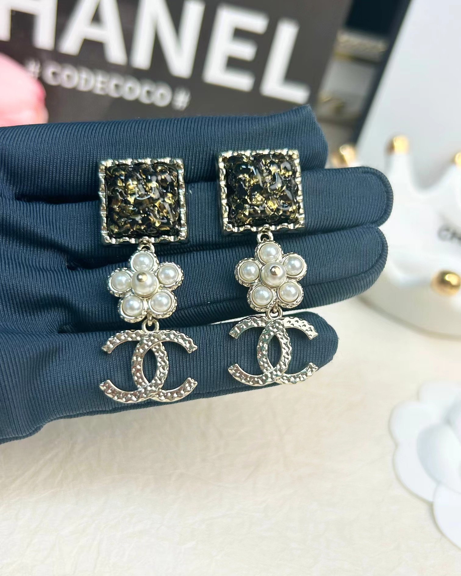 replica Chanel Pearl Flower Double C Dangle Earrings - H Lin Jewelry