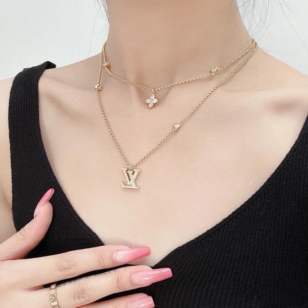 replica Louis Vuitton 2 Layers Diamond LV Monogram Pendant Necklace - H Lin Jewelry