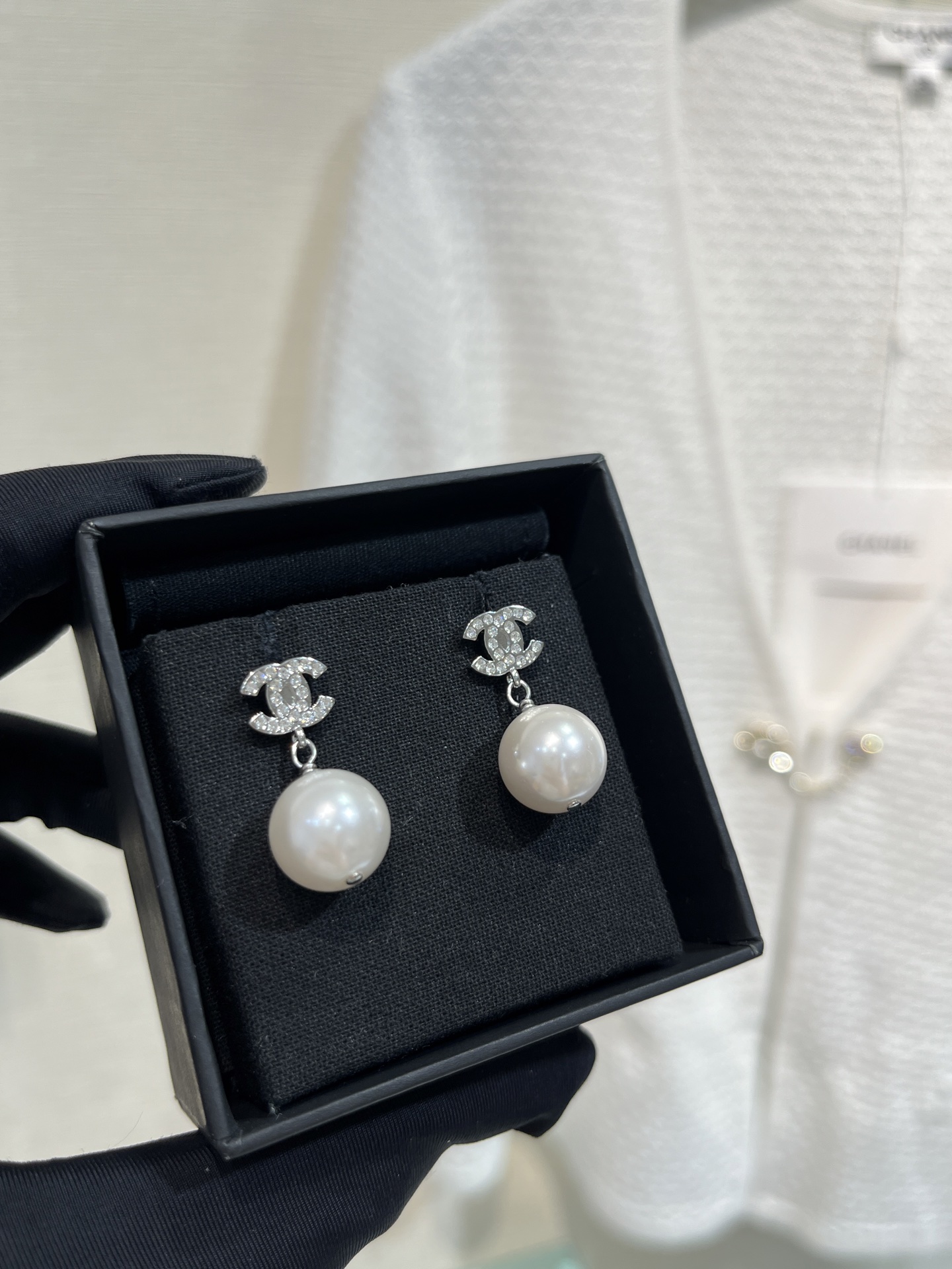 replica Chanel Classic Silver Coco Pearl Drop Earrings - H Lin Jewelry