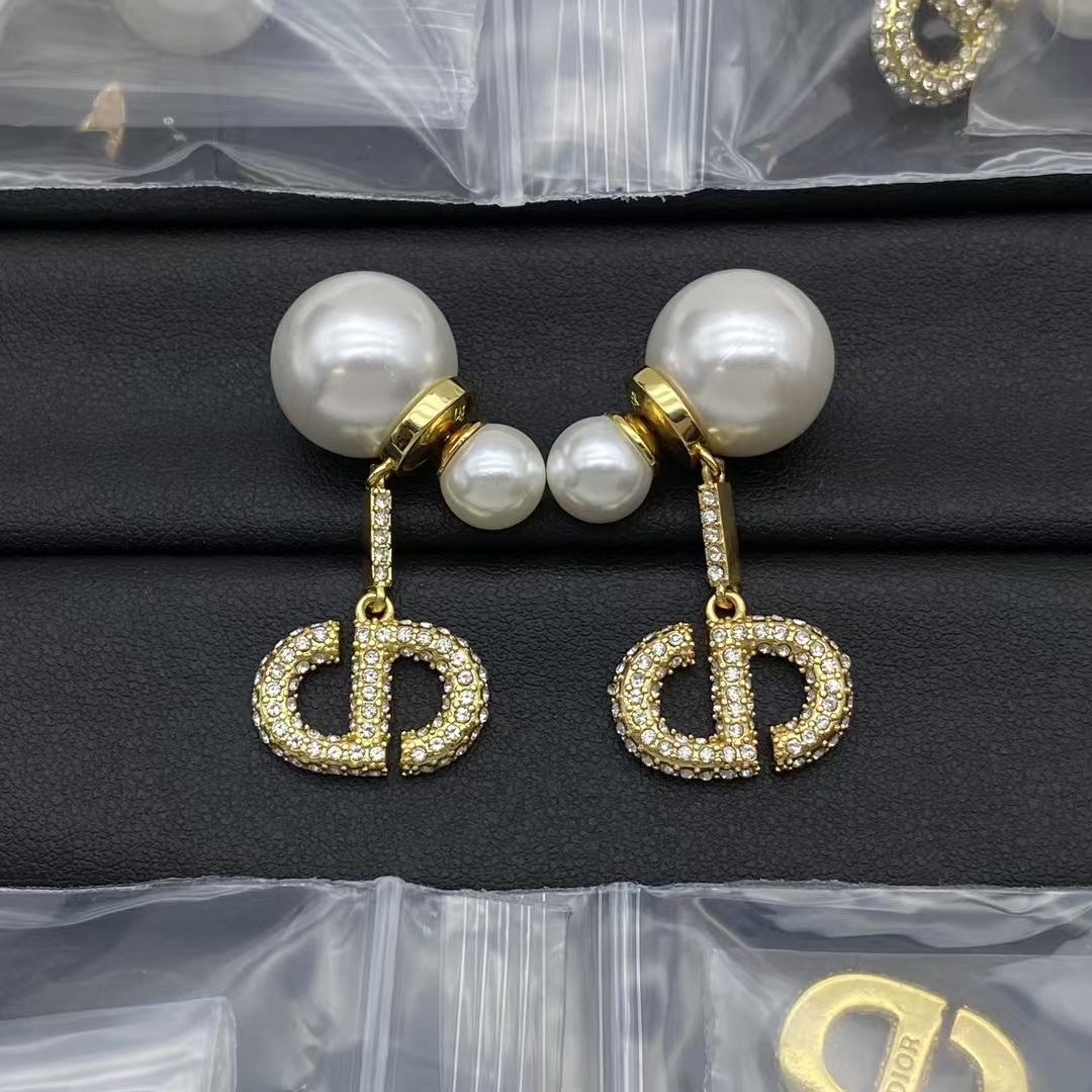 replica Dior Diamond CD Dangle Pearl Earrings - H Lin Jewelry