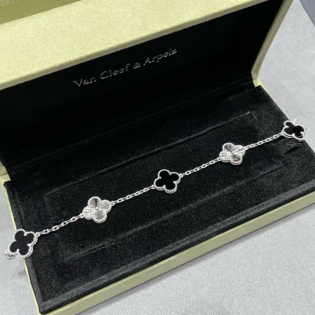replica Van Cleef & Arpels Black Onyx & Silver Vintage Alhambra Bracelet, 5 Motifs - H Lin Jewelry