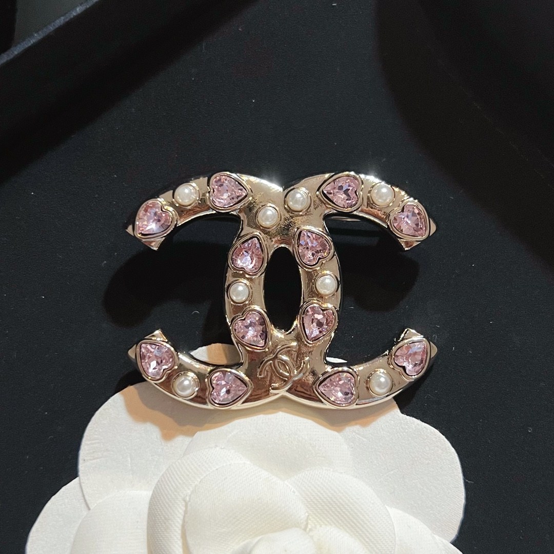 replica Chanel Pink Heart Diamond Paved CC Brooch - H Lin Jewelry