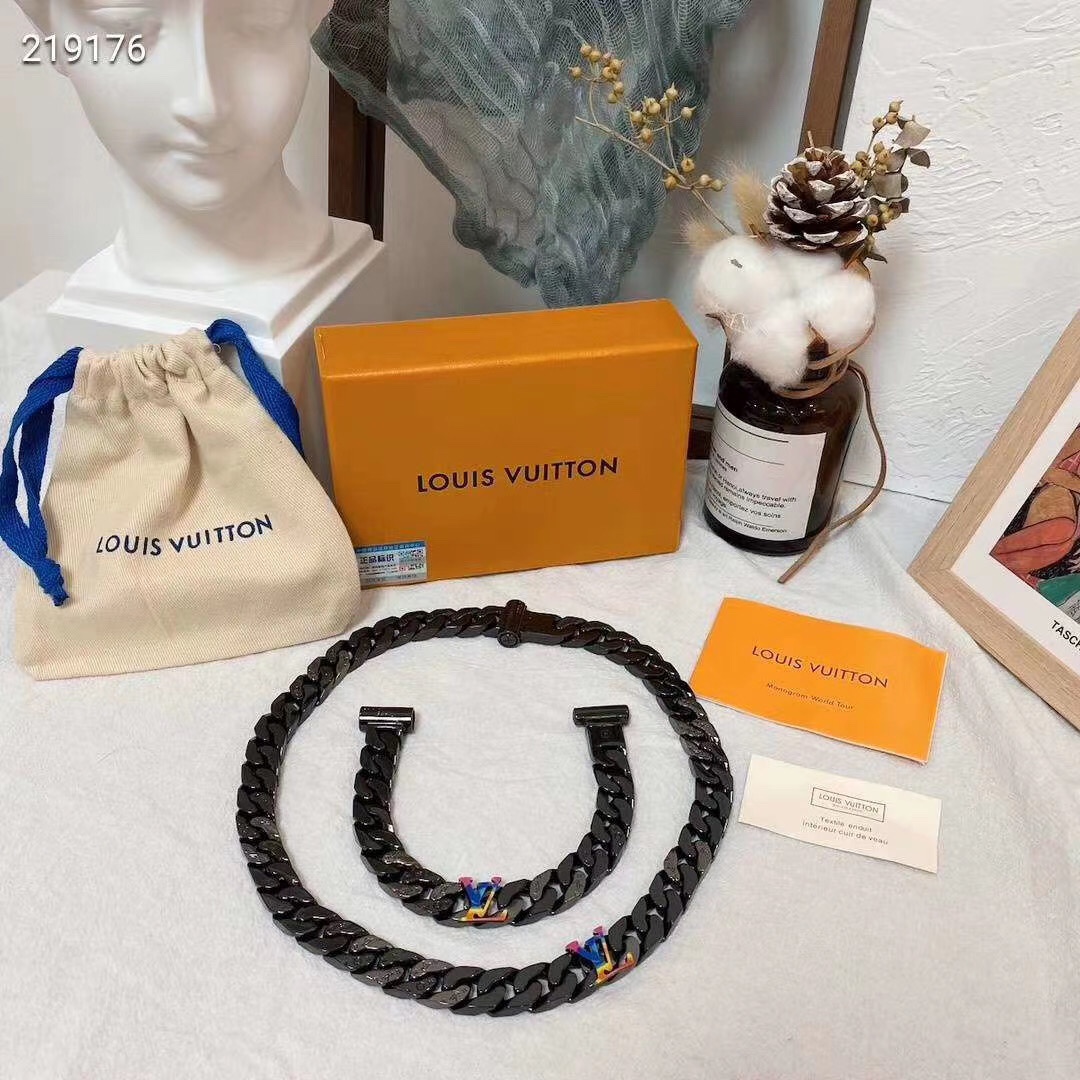 replica Louis Vuitton Black Cuban Chain Color LV Mens Bracelet Necklace - H Lin Jewelry