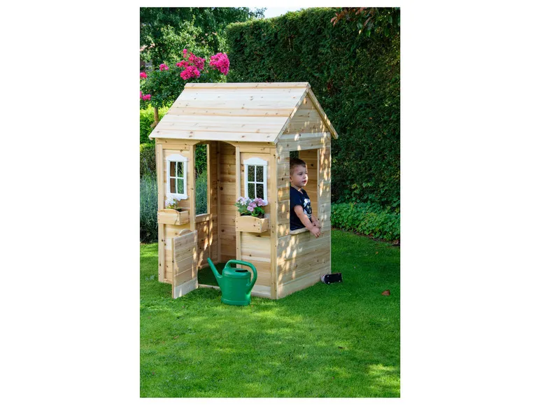 Spielhaus mit Blumenkästen, natur, aus Holz