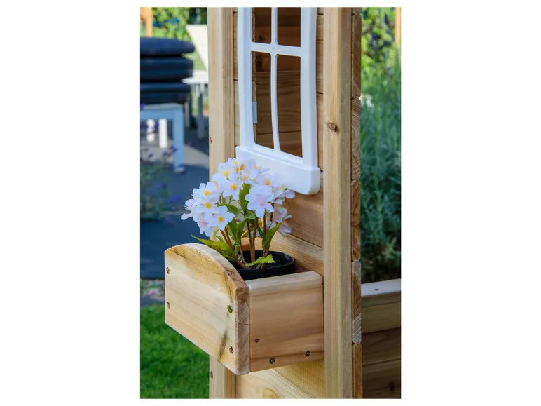 Spielhaus mit Blumenkästen, natur, aus Holz