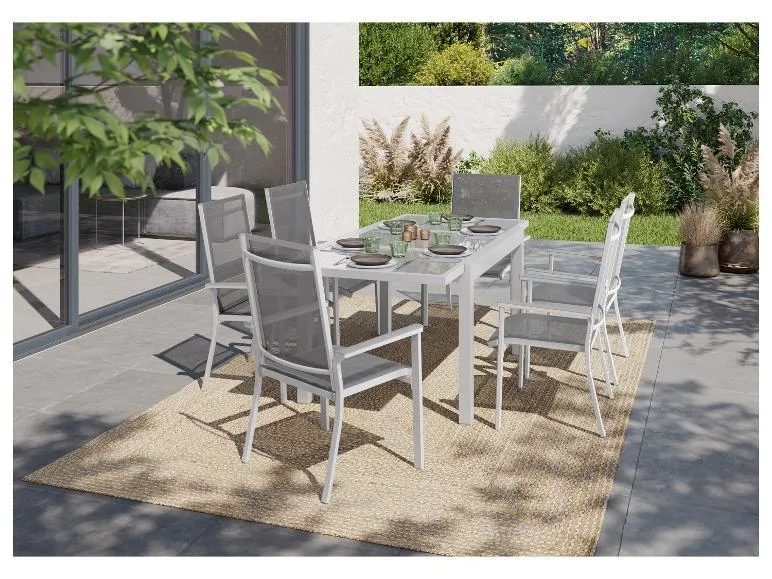 Alu-Set »Houston«, 7-teilig - Ausziehtisch & 6 Stapelsessel, weiß/hellgrau