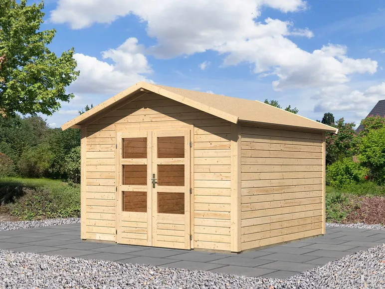 Karibu Gartenhaus »Carlos«, Satteldach, Witterungsschutz, Tür mit 3 Lichtausschnitten