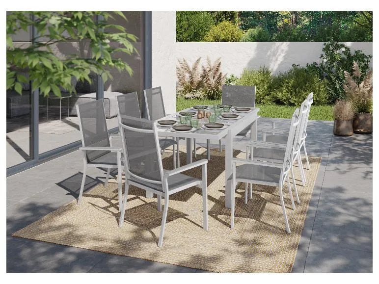Alu-Set »Houston«, 9-teilig - Ausziehtisch & 8 Stapelsessel, weiß/hellgrau