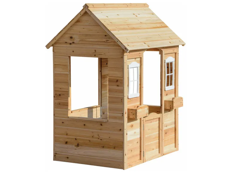 Spielhaus mit Blumenkästen, natur, aus Holz