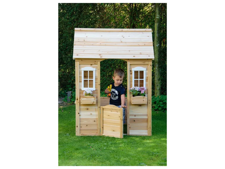 Spielhaus mit Blumenkästen, natur, aus Holz