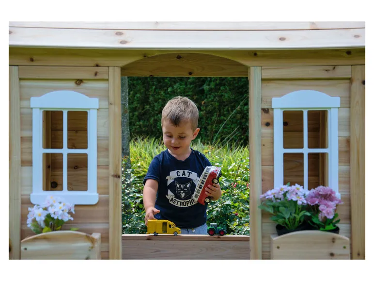Spielhaus mit Blumenkästen, natur, aus Holz