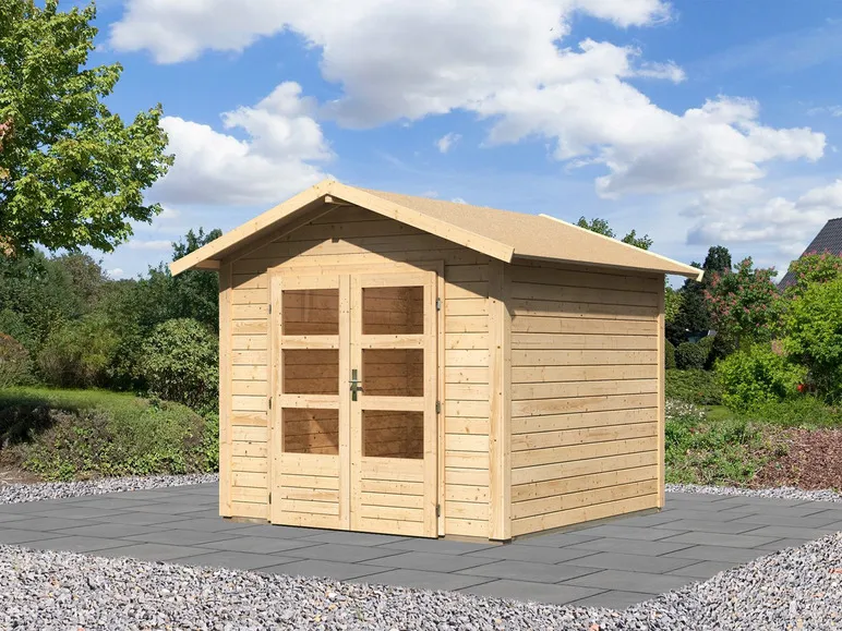 Karibu Gartenhaus »Carlos«, Satteldach, Witterungsschutz, Tür mit 3 Lichtausschnitten