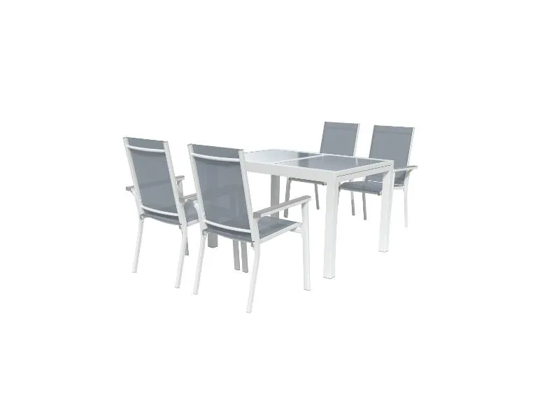 Alu-Set »Houston«, 5-teilig - Ausziehtisch & 4 Stapelsessel, weiß/hellgrau