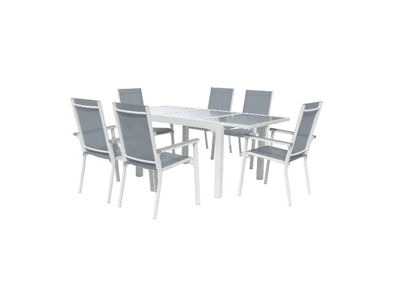 Alu-Set »Houston«, 7-teilig - Ausziehtisch & 6 Stapelsessel, weiß/hellgrau