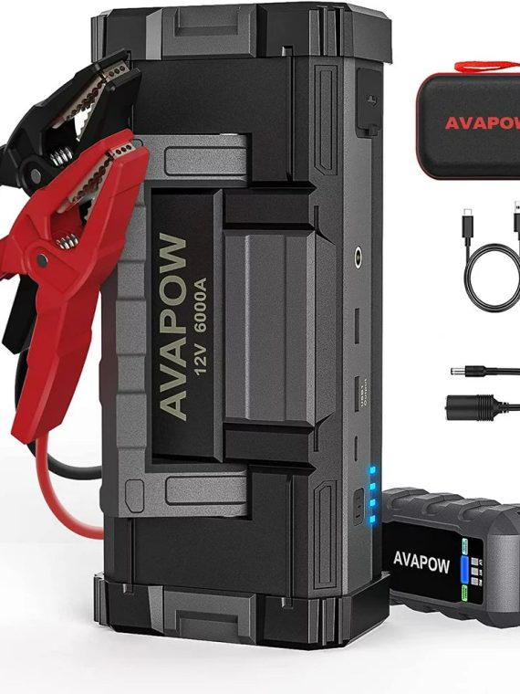 AVAPOW 6000A Car Battery Jump Starter with Dual USB Quick Charge and DC Output, 12V Jump Pack with Built-In LED Bright Light