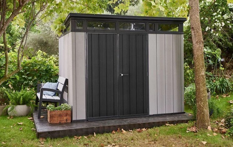 Keter Artisan 9��7 Foot Large Outdoor Shed with Floor with Modern Design for Patio Furniture