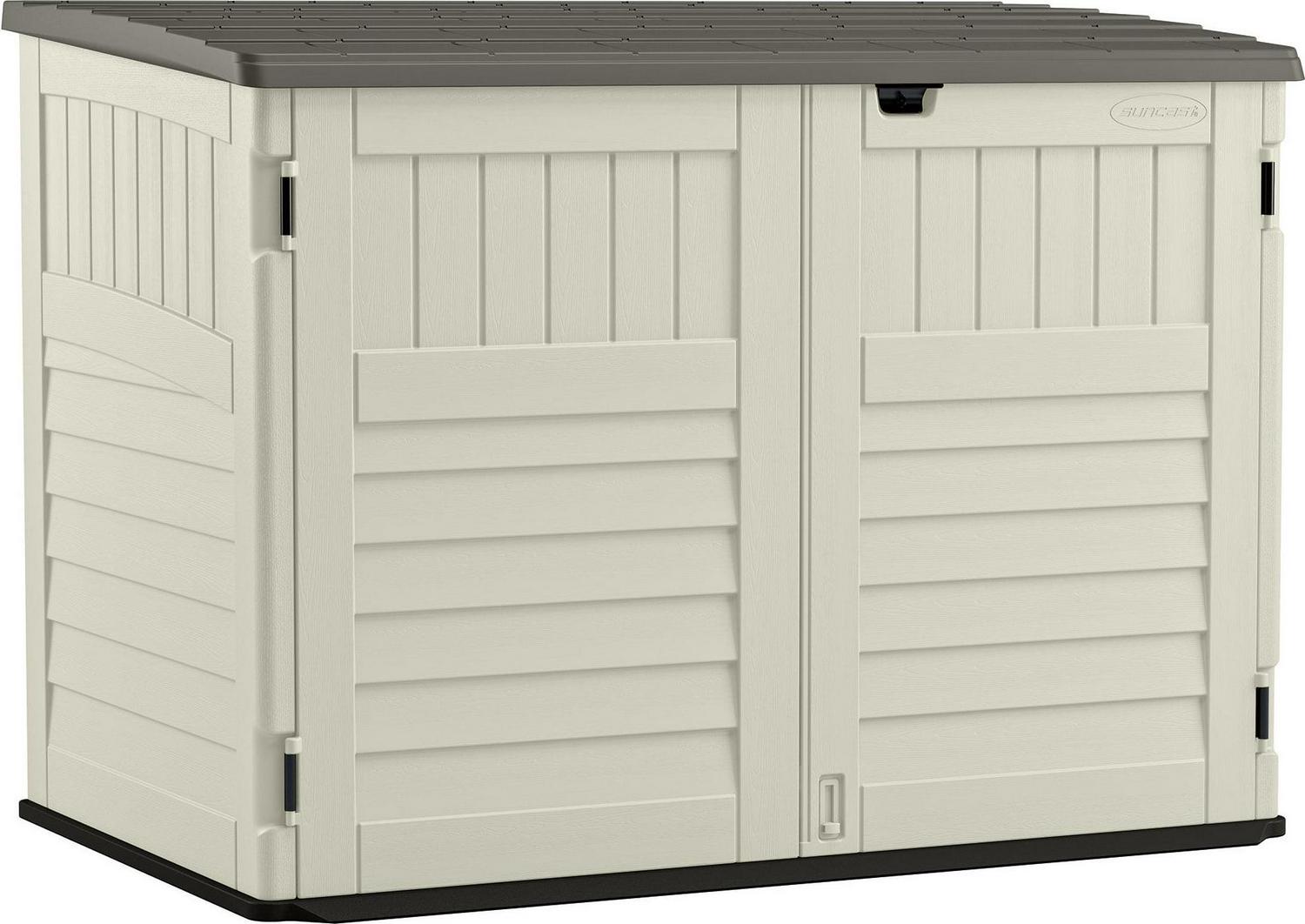 Suncast BMS4700 Resin Storage Shed, Off-White/Gray, 70.5′′W x 44.25′′D x 52′′H, Double Door, UV Resistant