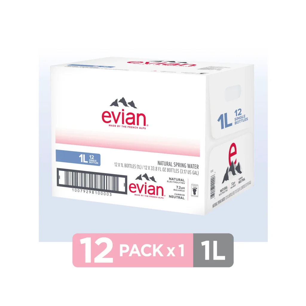 Evian Natural Spring Water, 1L Bottles, 12 Pack, Pure Hydration
