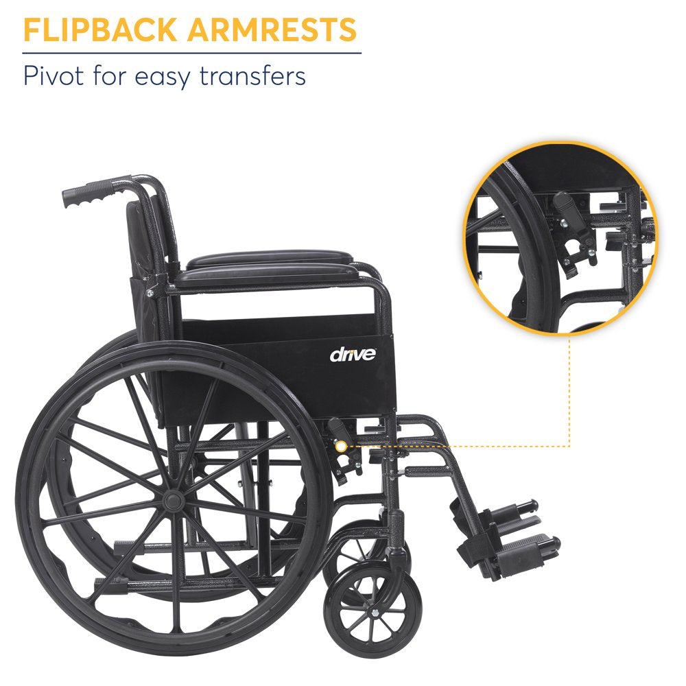 Drive Medical Silver Sport 1 Wheelchair, Full Arms, Removable Footrest, 250 lbs Capacity, Steel Frame