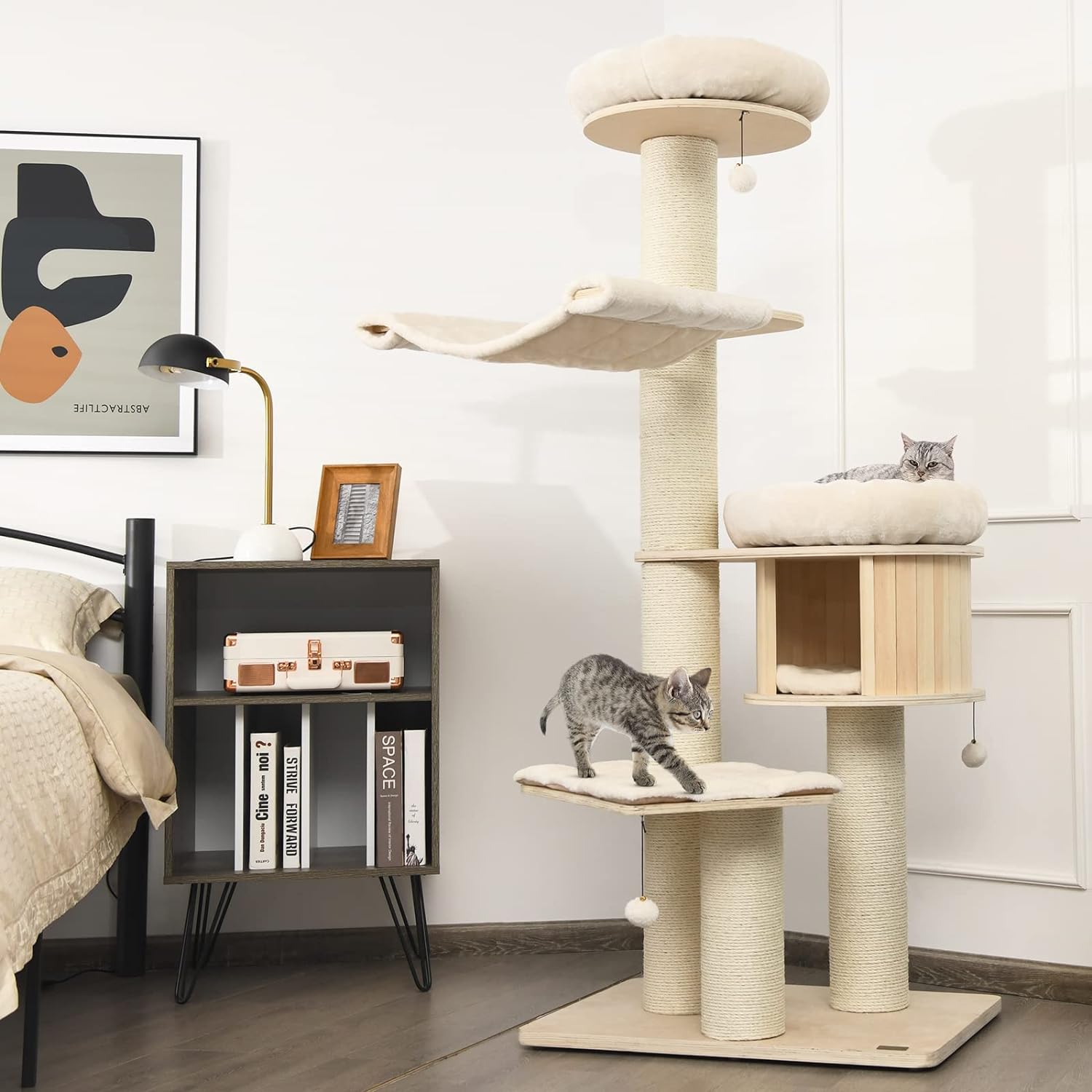Large cat tree, multi-level tower with sisal posts, hammock, hanging basket and removable washable mats, perfect for large cats