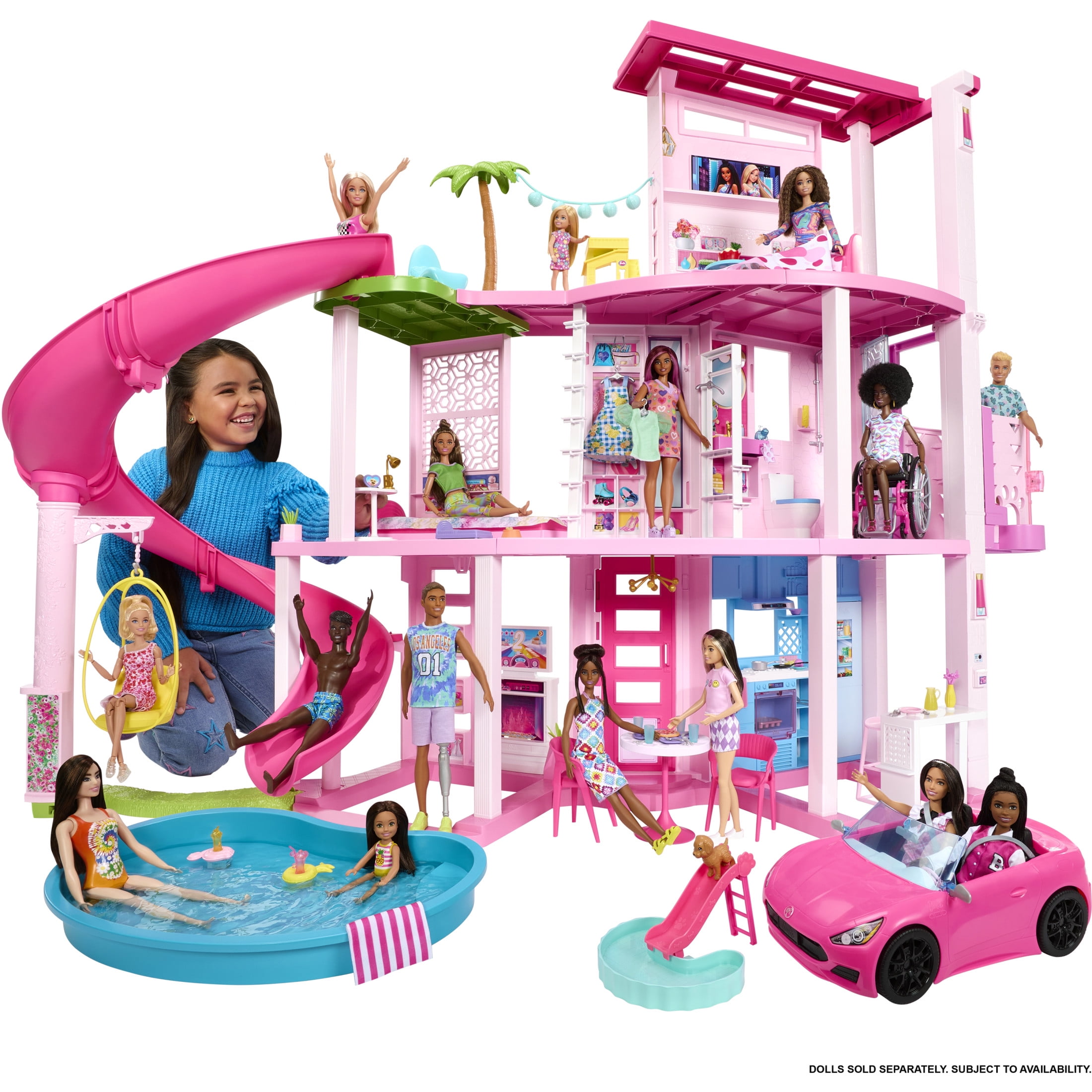 Barbie Dreamhouse Pool Party Playset with 3-Story Slide, 75+ Pieces, and Pet-Friendly Features