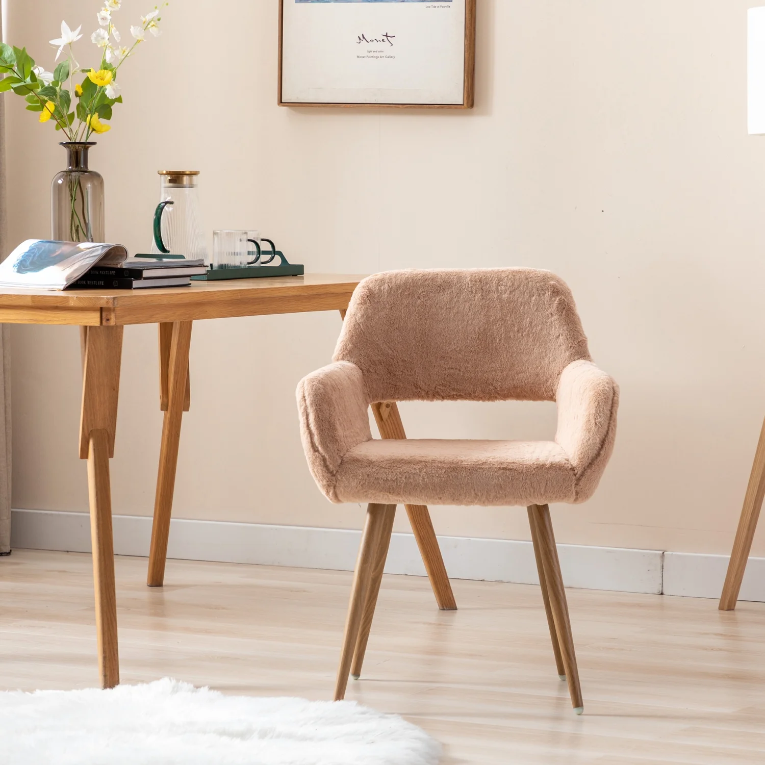 Elegant and Luxurious Faux Fur HengMing Dining Chairs: Stylish Mid Century Side Chairs with Solid Painting Steel Leg for Comfortable Seating Experience in Your Dining Room Decor