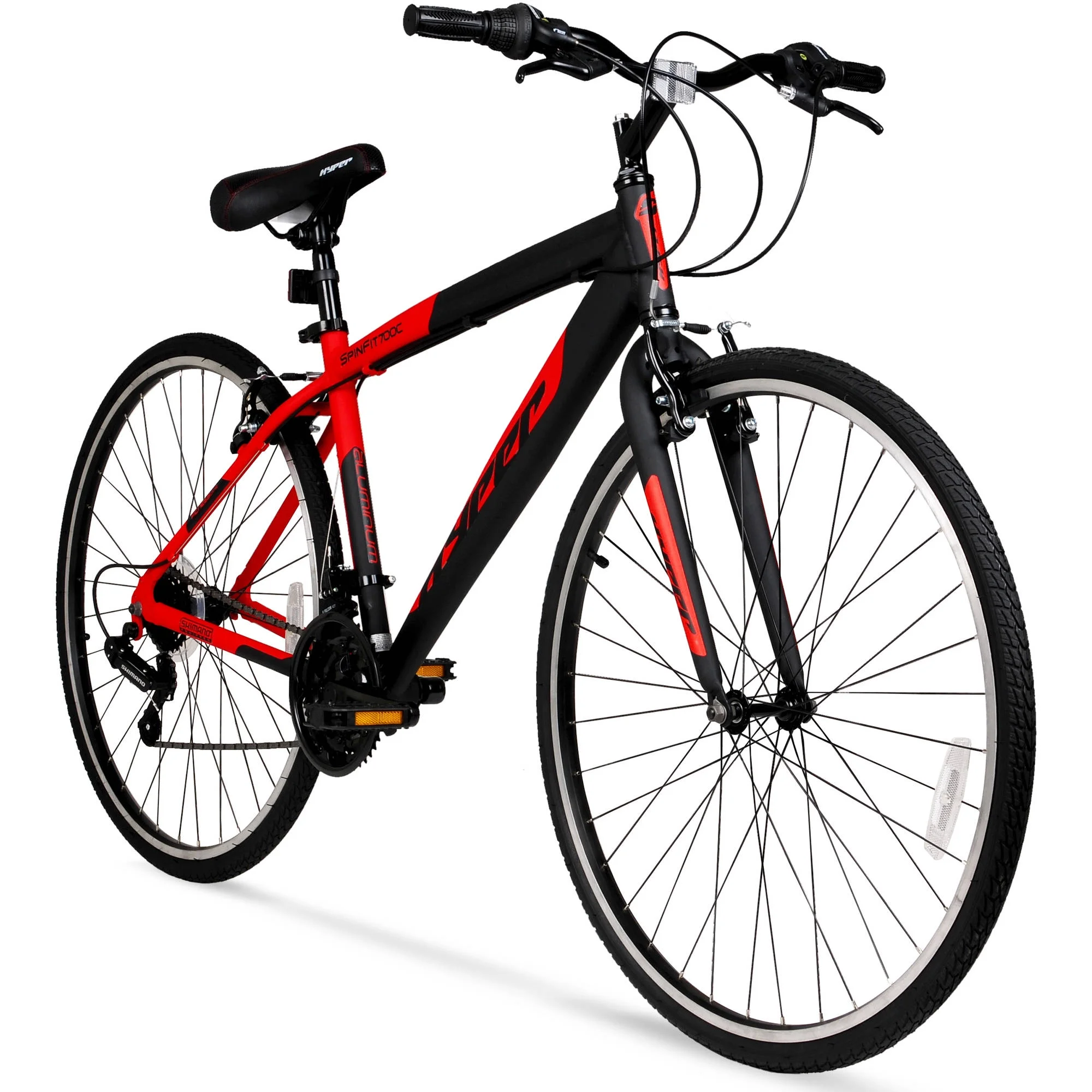 Hyper Men’s Spin Fit 700C Hybrid Bike, 21-Speed, Black/Red, Aluminum Frame