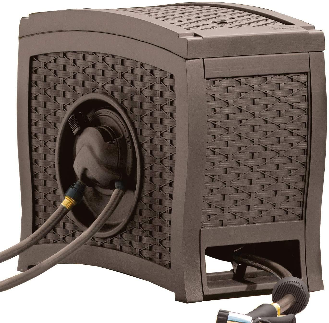 Suncast Aquawinder 125′ Wicker Garden Hose Reel – Lightweight Portable Hands – Free Water Powered Retractable Hose Reel – Java