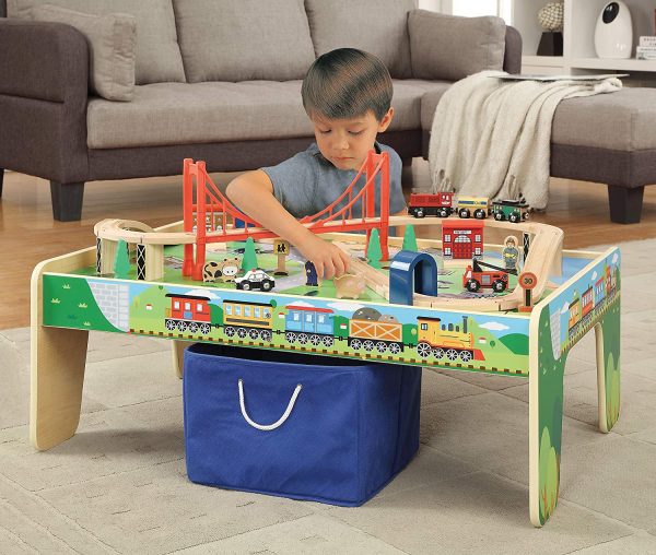 50 Piece Wooden Train Set with Activity Table   Storage Bin   100% Hardwood Track, Engine, Oil Tanker, Caboose, Fire Engine, Station, Policeman, Farm Animals. Compatible with All Major Brands