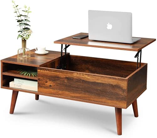 WLIVE Wood Lift Top Coffee Table with Hidden Compartment and Adjustable Storage Shelf
