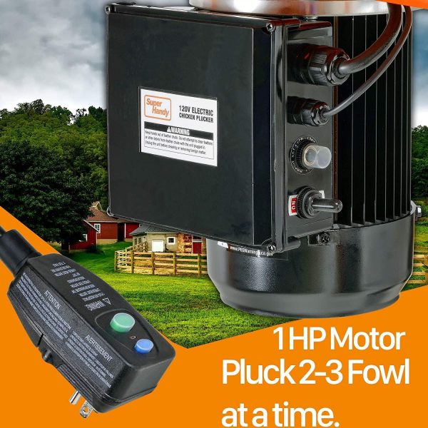 SuperHandy Chicken Plucker De-Feather Remover Poultry and Fowl Food Processor Electric Stainless Steel Heavy Duty 1HP 120VAC 280RPM GFCI Connector 92 Soft Fingers 20′′ Drum Diameter